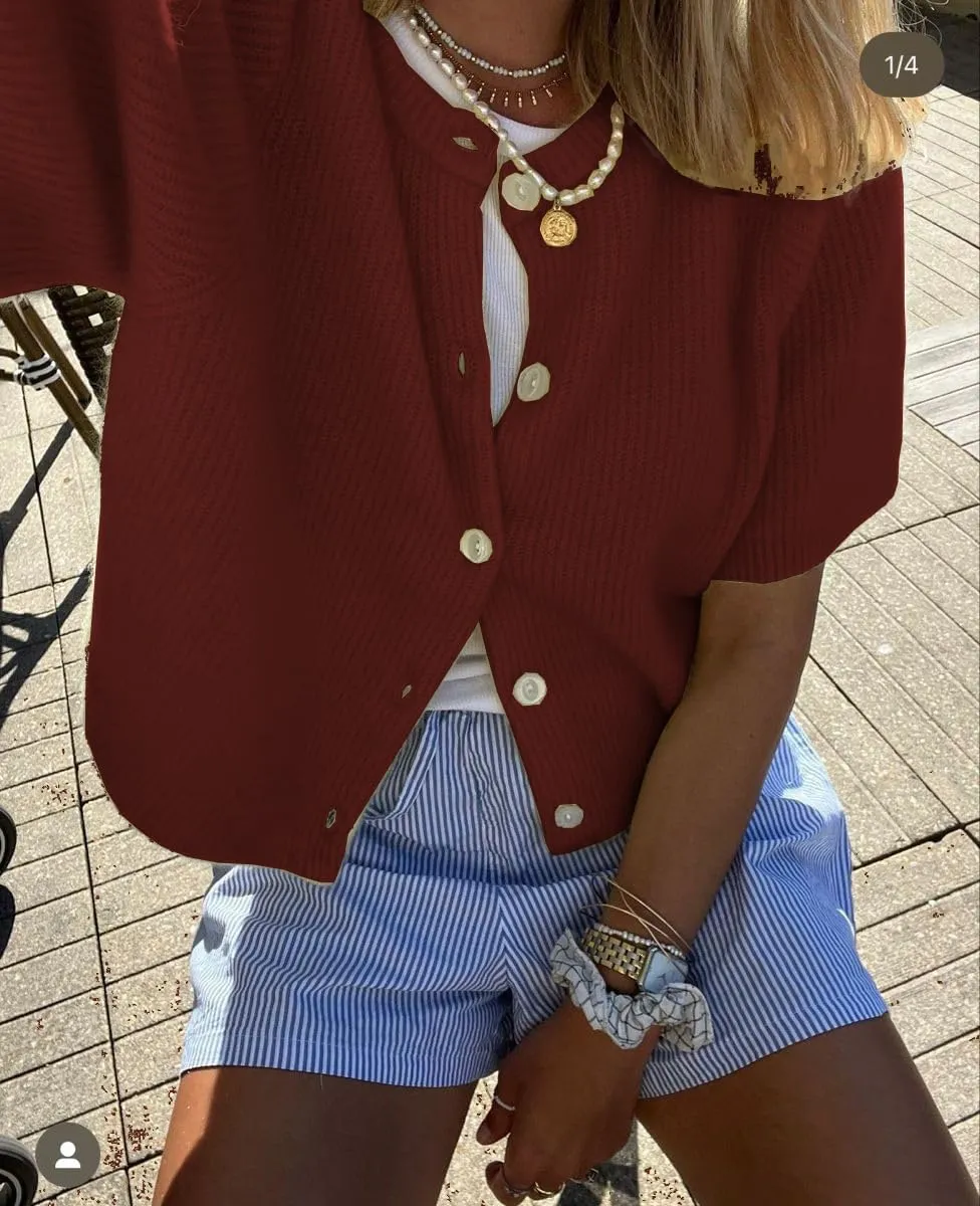 Women Crop Knit Cardigan Casual Short Sleeve Button Down Crewneck Sweater Going Out Tops