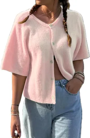 Women Crop Knit Cardigan Casual Short Sleeve Button Down Crewneck Sweater Going Out Tops