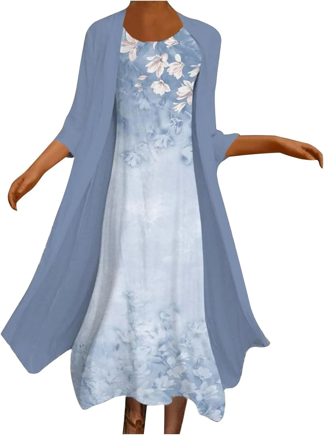 Women Floral Flowy Midi Dresses with Jacket Plus Size 2 Piece Sets Cocktail Wedding Guest Dress and Cardigan Outfits