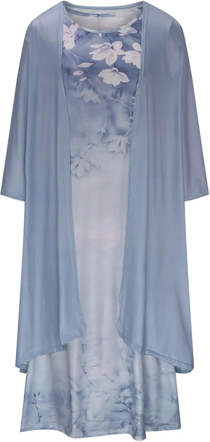 Women Floral Flowy Midi Dresses with Jacket Plus Size 2 Piece Sets Cocktail Wedding Guest Dress and Cardigan Outfits