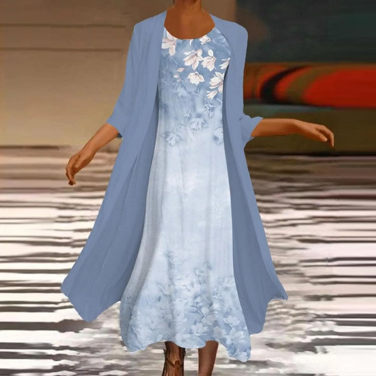 Women Floral Flowy Midi Dresses with Jacket Plus Size 2 Piece Sets Cocktail Wedding Guest Dress and Cardigan Outfits