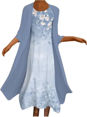 Women Floral Flowy Midi Dresses with Jacket Plus Size 2 Piece Sets Cocktail Wedding Guest Dress and Cardigan Outfits
