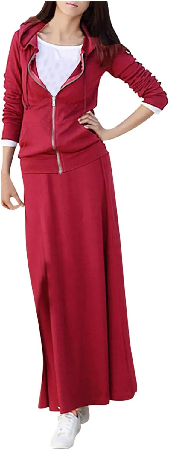 Women Flowy Sweatsuit 2 Piece Outfit Slim Zip Up Hooded Sweatshirts and Maxi Skirts Casual Lightweight Tracksuit Set