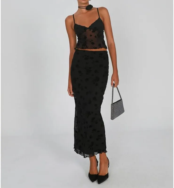 Women Lace Maxi Skirt Set Y2K See Through Mesh Tube Top Bodycon Maxi Skirt Outfits Summer Going Out Streetwear