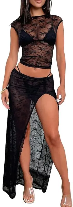 Women Lace Maxi Skirt Set Y2K See Through Mesh Tube Top Bodycon Maxi Skirt Outfits Summer Going Out Streetwear