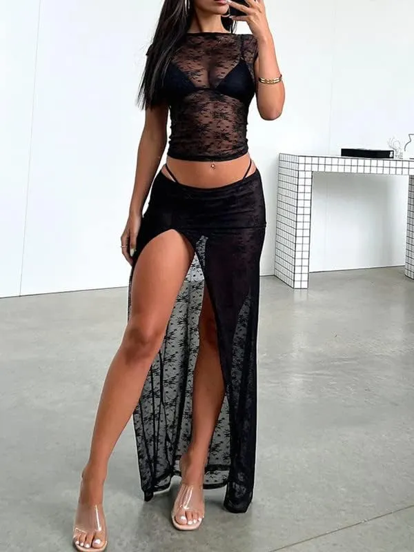 Women Lace Maxi Skirt Set Y2K See Through Mesh Tube Top Bodycon Maxi Skirt Outfits Summer Going Out Streetwear