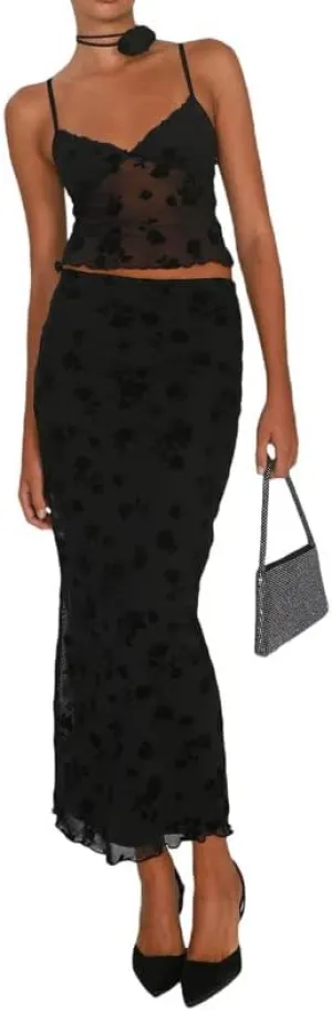 Women Lace Maxi Skirt Set Y2K See Through Mesh Tube Top Bodycon Maxi Skirt Outfits Summer Going Out Streetwear