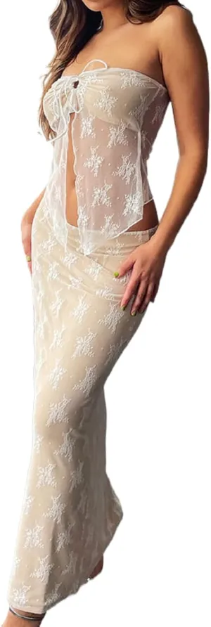 Women Lace Maxi Skirt Set Y2K See Through Mesh Tube Top Bodycon Maxi Skirt Outfits Summer Going Out Streetwear