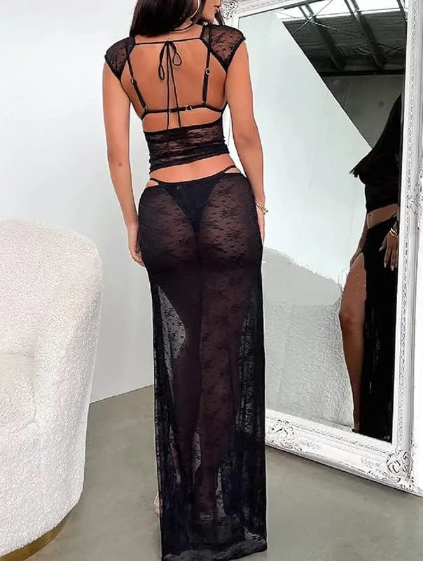 Women Lace Maxi Skirt Set Y2K See Through Mesh Tube Top Bodycon Maxi Skirt Outfits Summer Going Out Streetwear