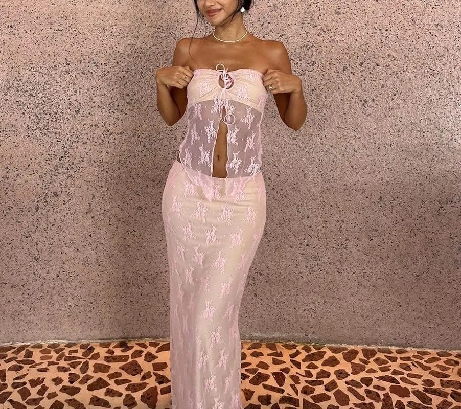 Women Lace Maxi Skirt Set Y2K See Through Mesh Tube Top Bodycon Maxi Skirt Outfits Summer Going Out Streetwear