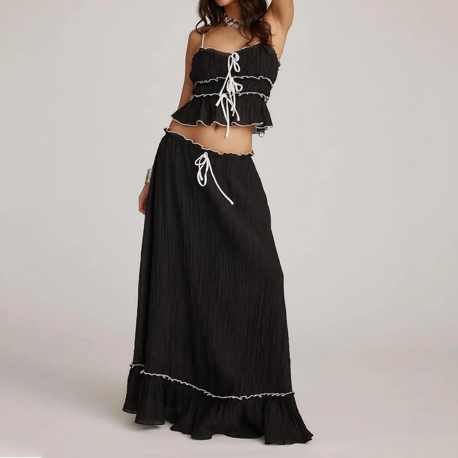 Women Lace Two Piece Maxi Skirt Set Top and Pleated Long Skirt 2 Piece Outfits Y2k Summer Beach Vocation Going Out
