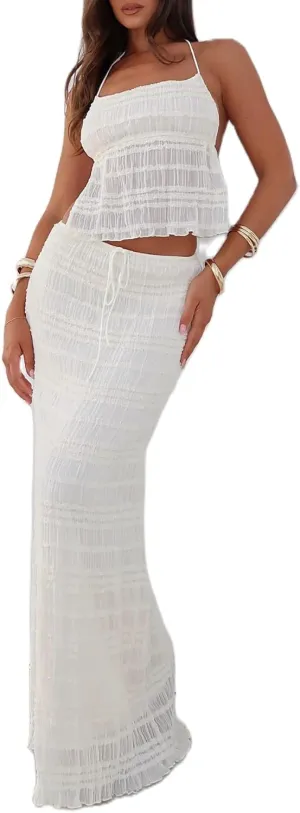 Women Lace Two Piece Maxi Skirt Set Top and Pleated Long Skirt 2 Piece Outfits Y2k Summer Beach Vocation Going Out