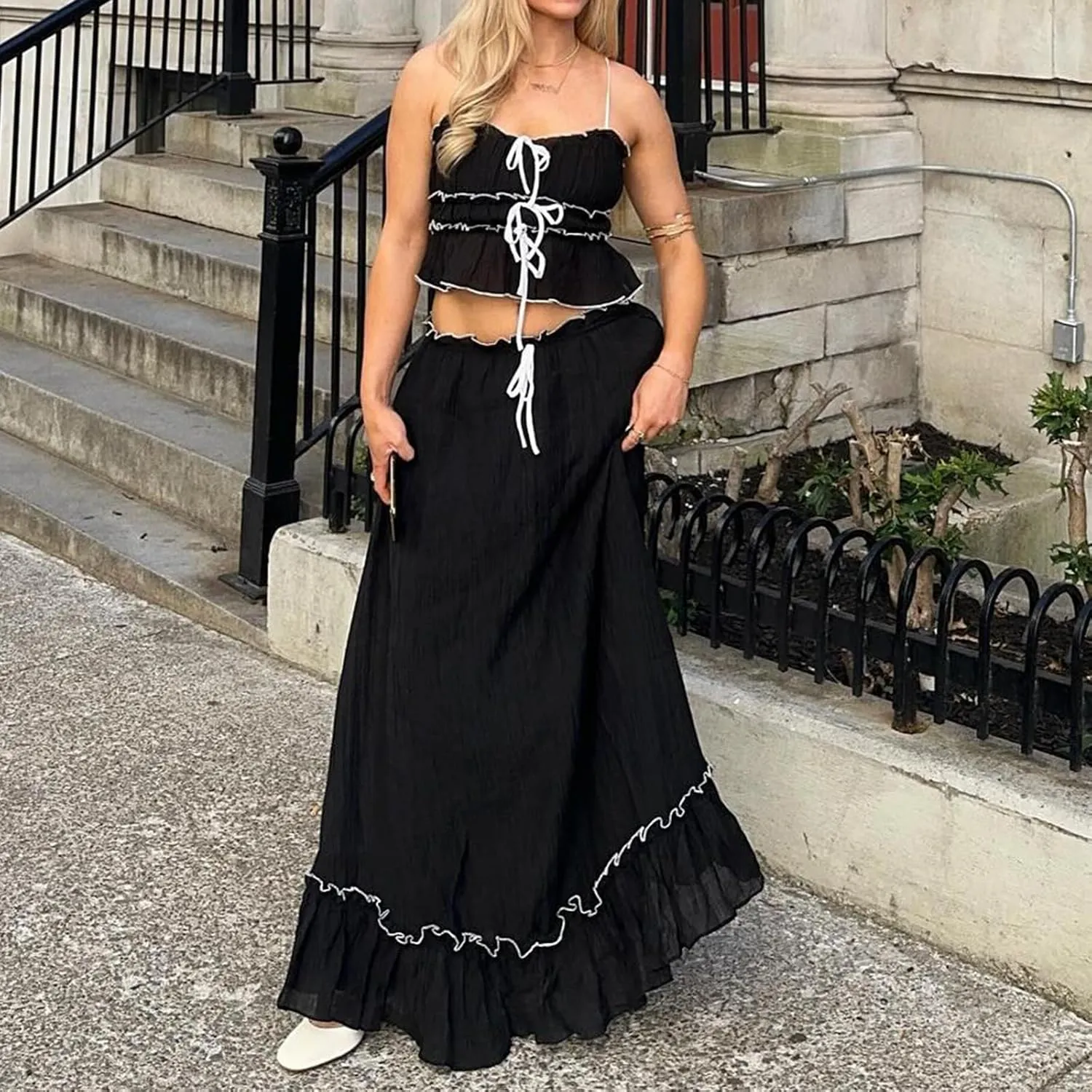 Women Lace Two Piece Maxi Skirt Set Top and Pleated Long Skirt 2 Piece Outfits Y2k Summer Beach Vocation Going Out