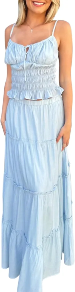 Women Long Skirt Set Y2k Sleeveless Backless Halter Top Flowy Maxi Skirt Sets Sexy Summer Two Piece
