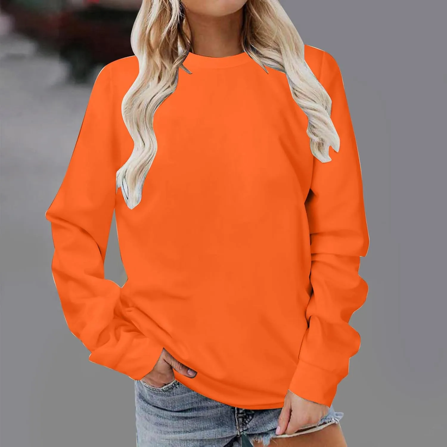 Women Long Sleeve Sweatshirt 2023 Solid Plain Crewneck Pullover Shirts Loose Fit Casual Classic Blouses Fall Fashion Tee Tops