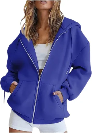 Women Oversized Hoodies Sweatshirts Solid Zipper Long Sleeve Jacket Tops Pullover Drawstring Trendy Outfit with Pocket