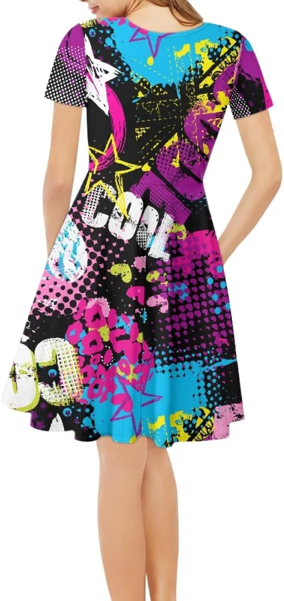 Women Plus Size Graffiti Printed Short Sleeve V Neck Swing Flowy Midi Tunic Dress