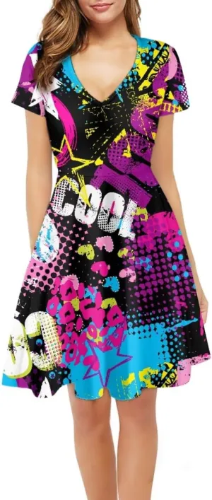 Women Plus Size Graffiti Printed Short Sleeve V Neck Swing Flowy Midi Tunic Dress