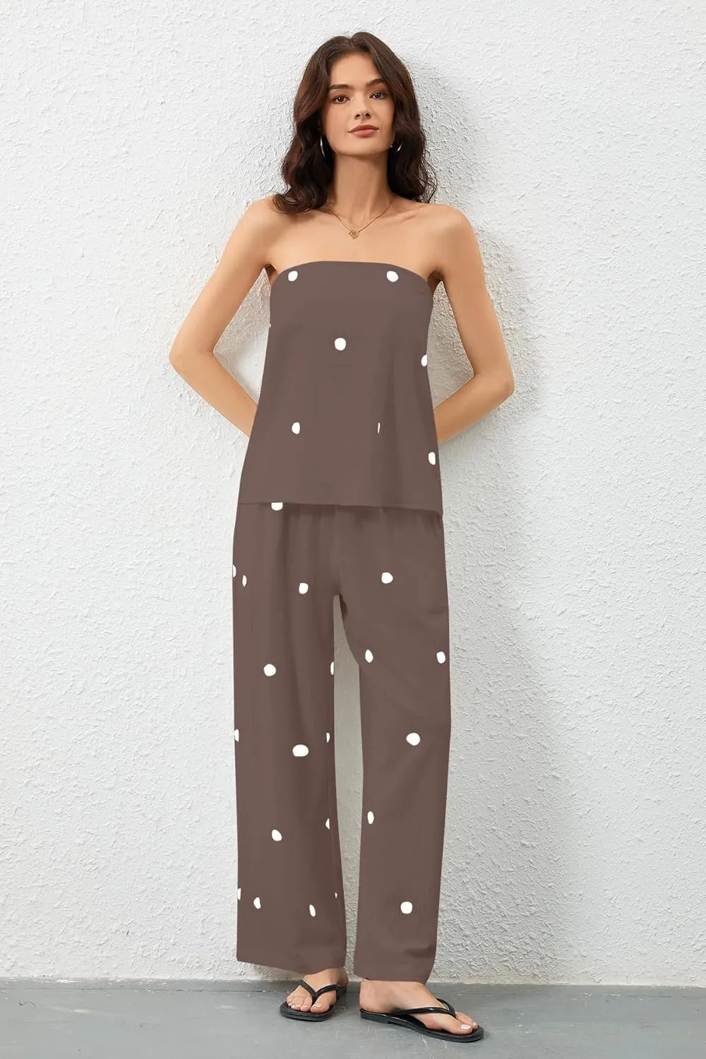 Women Polka Dot 2 Piece Outfits Spot Strapless Tube Top High Waist Wide Leg Pants Lounge Set Summer Tracksuit