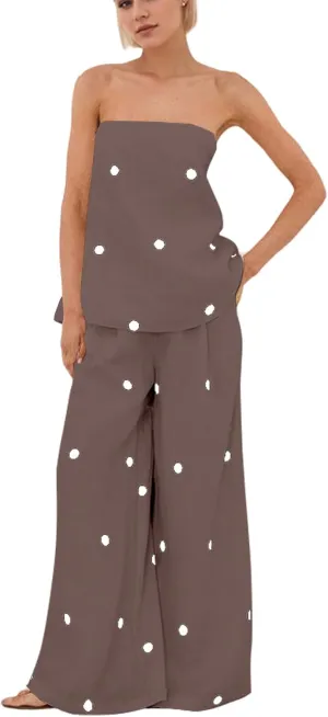 Women Polka Dot 2 Piece Outfits Spot Strapless Tube Top High Waist Wide Leg Pants Lounge Set Summer Tracksuit