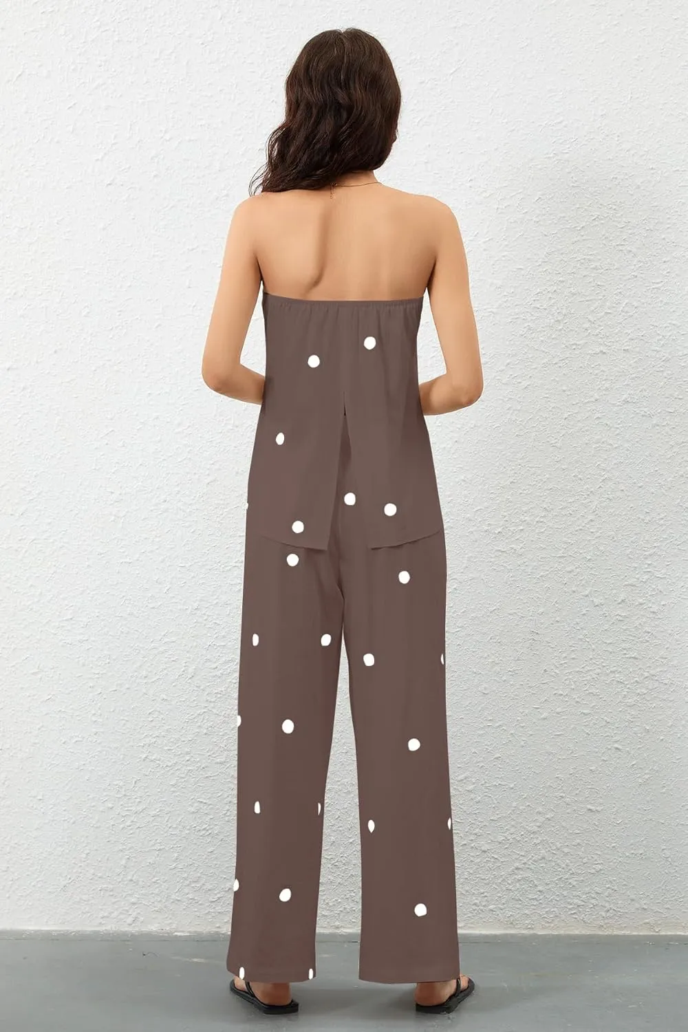 Women Polka Dot 2 Piece Outfits Spot Strapless Tube Top High Waist Wide Leg Pants Lounge Set Summer Tracksuit