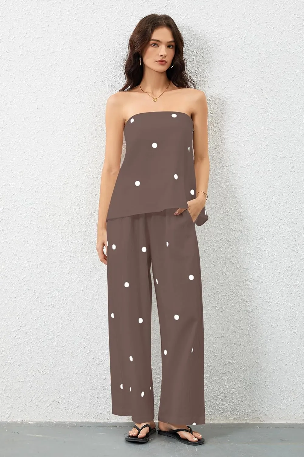 Women Polka Dot 2 Piece Outfits Spot Strapless Tube Top High Waist Wide Leg Pants Lounge Set Summer Tracksuit