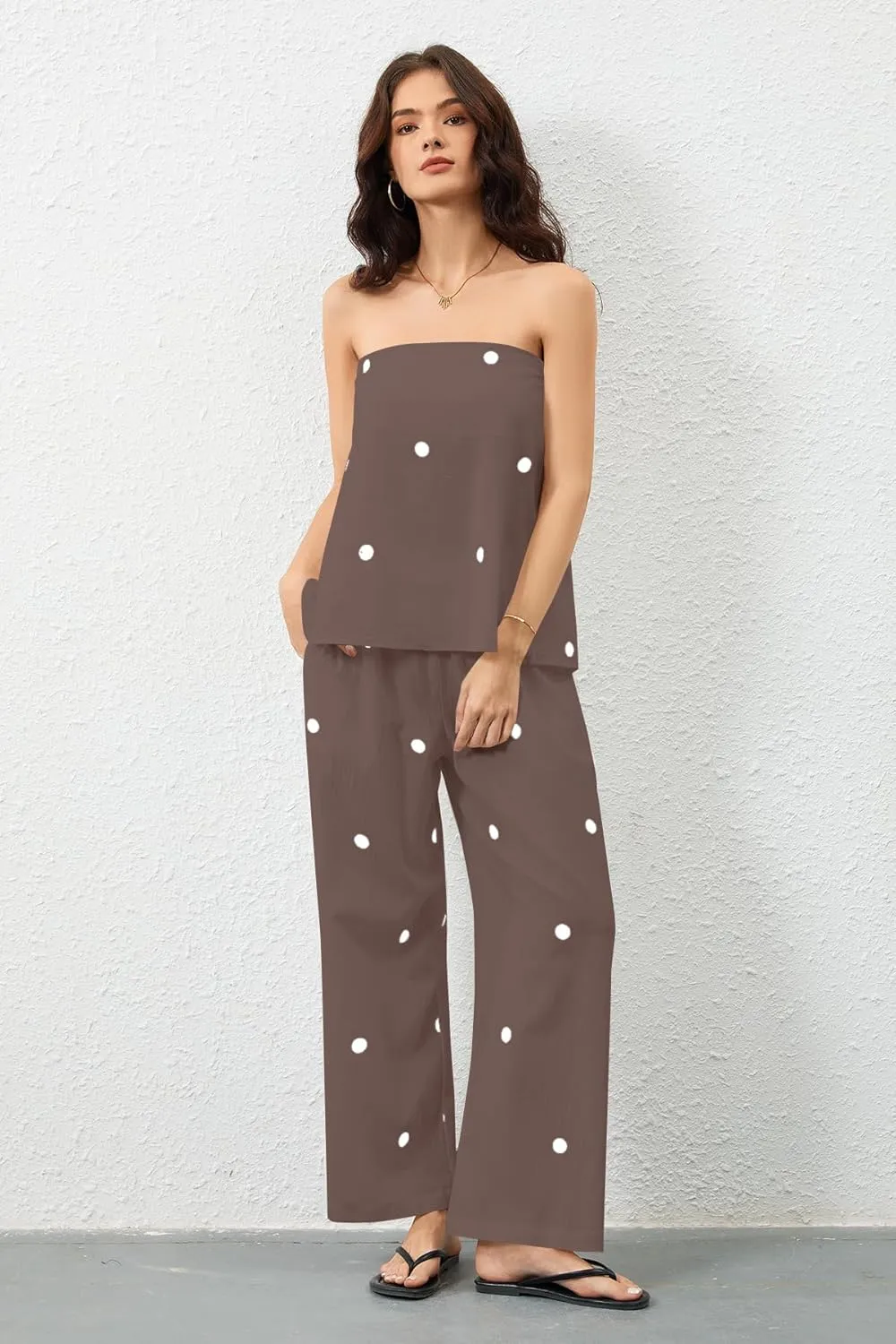 Women Polka Dot 2 Piece Outfits Spot Strapless Tube Top High Waist Wide Leg Pants Lounge Set Summer Tracksuit
