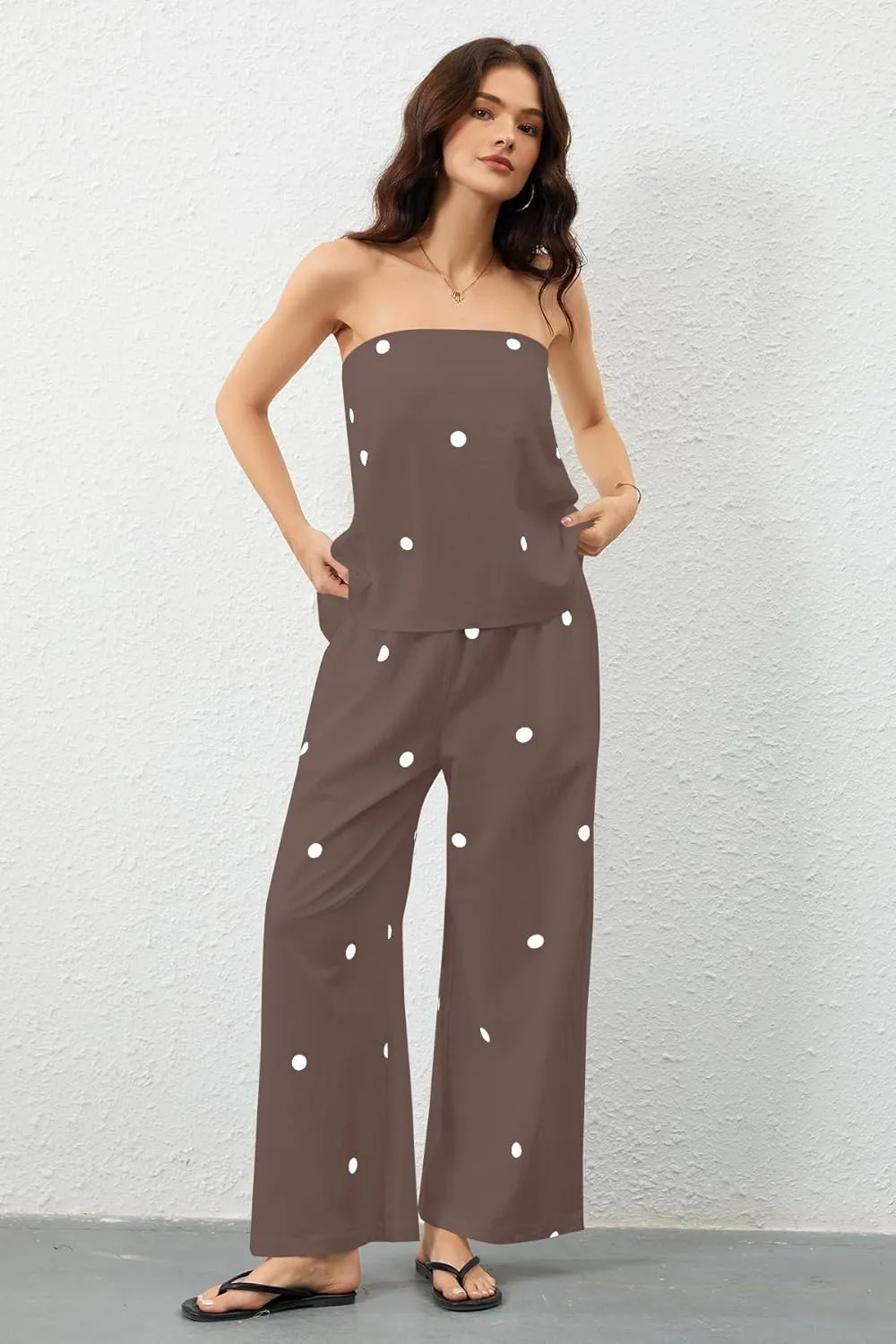Women Polka Dot 2 Piece Outfits Spot Strapless Tube Top High Waist Wide Leg Pants Lounge Set Summer Tracksuit