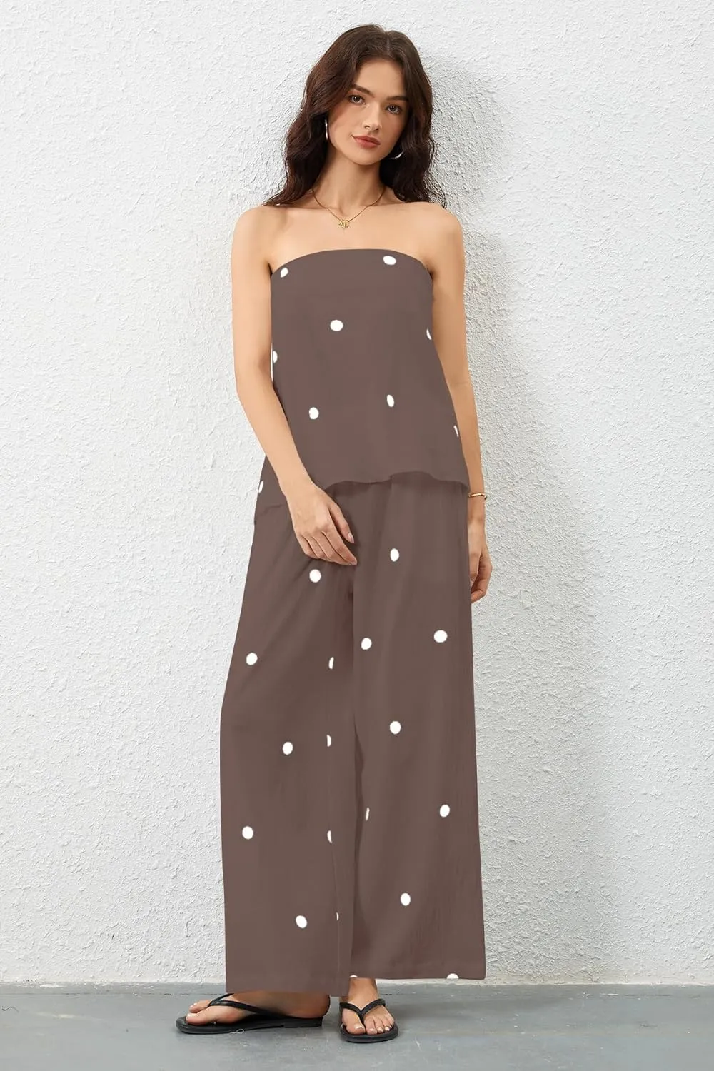 Women Polka Dot 2 Piece Outfits Spot Strapless Tube Top High Waist Wide Leg Pants Lounge Set Summer Tracksuit