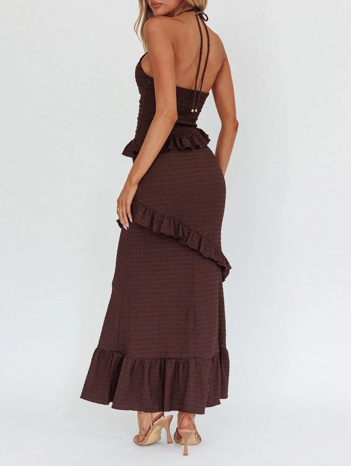 Women Ruffle Maxi Skirt Set Halter Ruched Crop Top Flowy Long Skirt Y2K 2 Piece Outfts Going Out