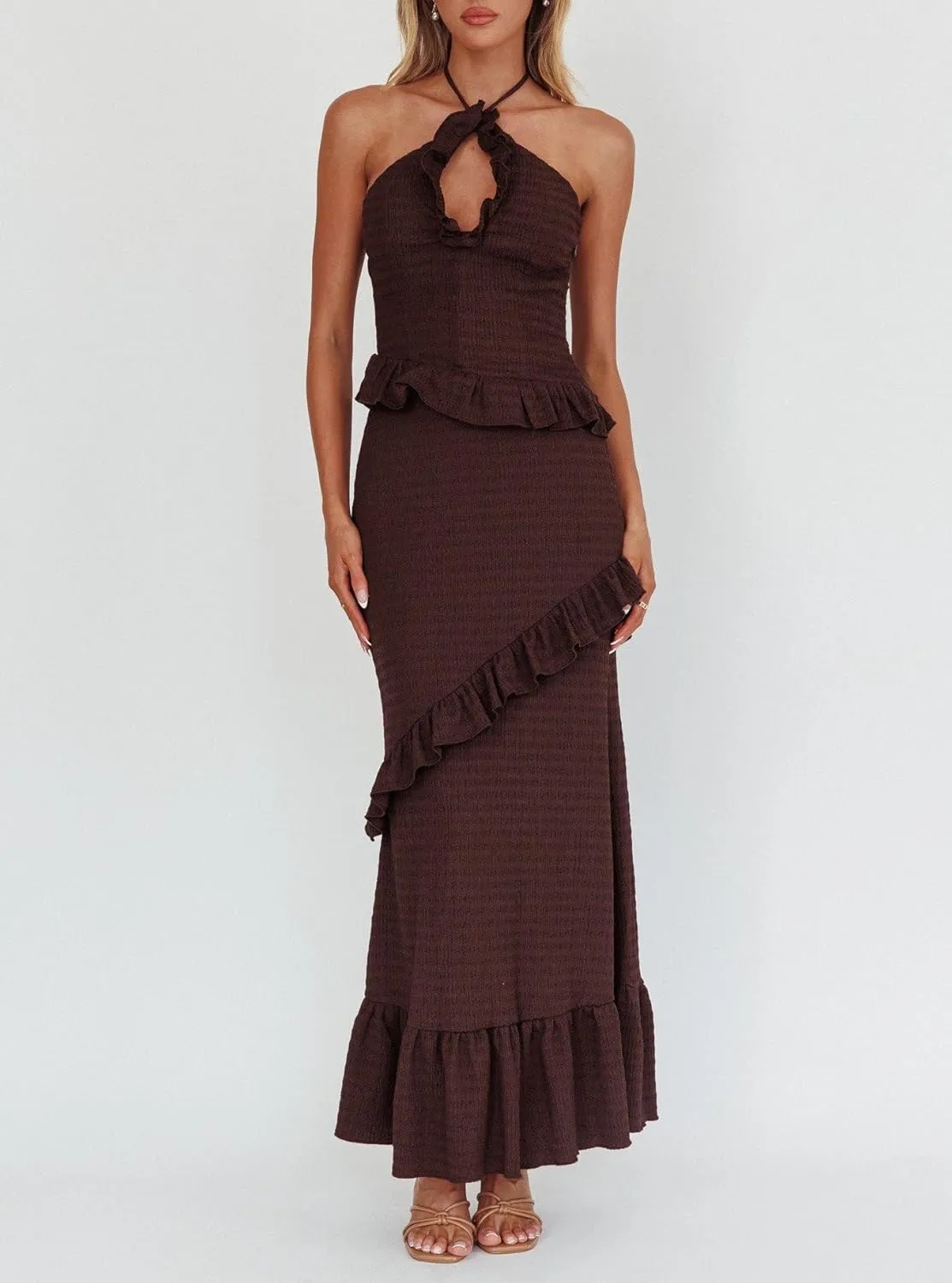 Women Ruffle Maxi Skirt Set Halter Ruched Crop Top Flowy Long Skirt Y2K 2 Piece Outfts Going Out