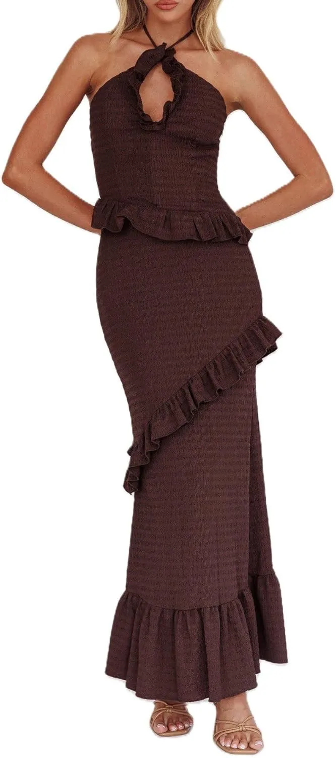 Women Ruffle Maxi Skirt Set Halter Ruched Crop Top Flowy Long Skirt Y2K 2 Piece Outfts Going Out