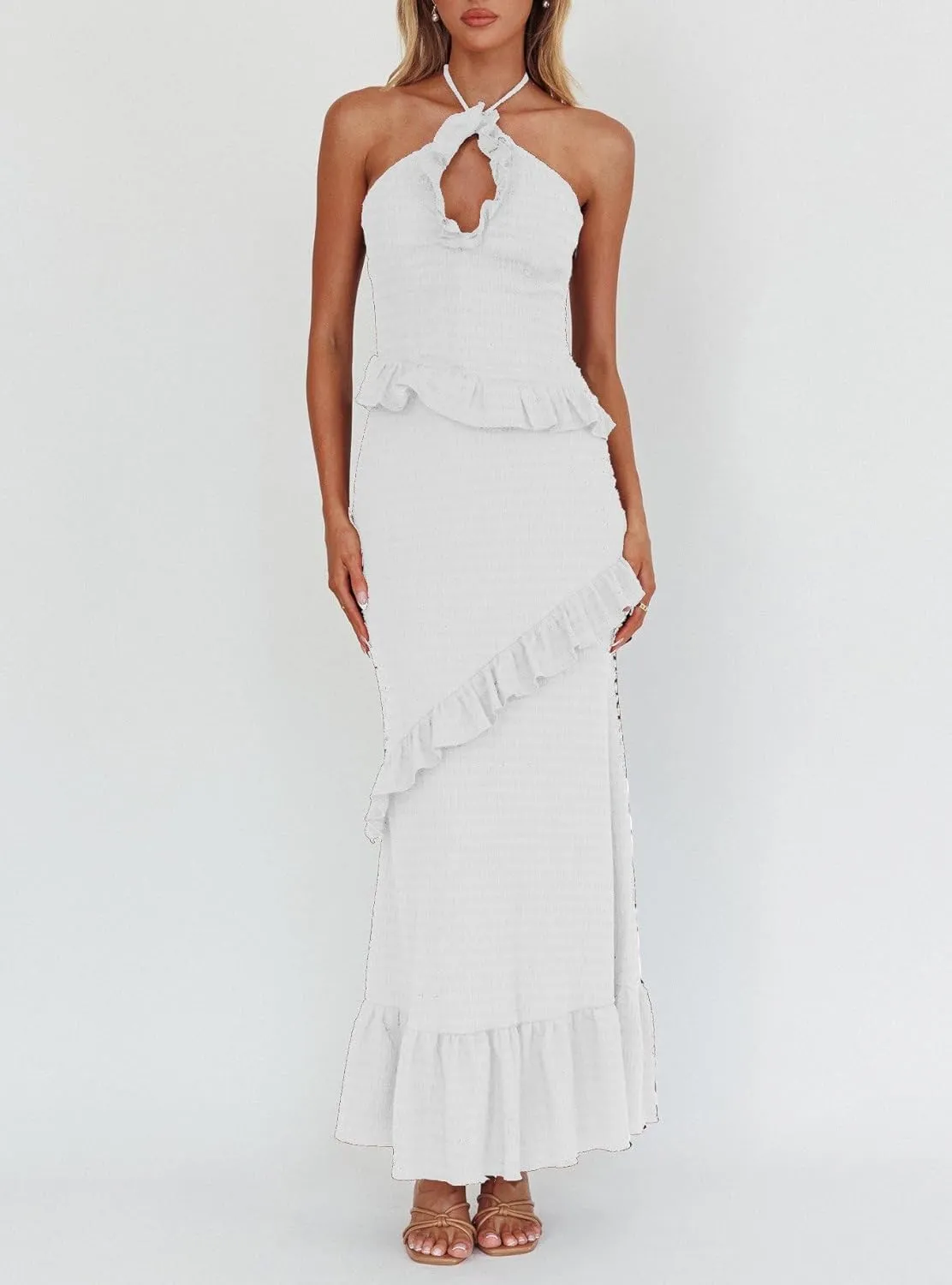 Women Ruffle Maxi Skirt Set Halter Ruched Crop Top Flowy Long Skirt Y2K 2 Piece Outfts Going Out
