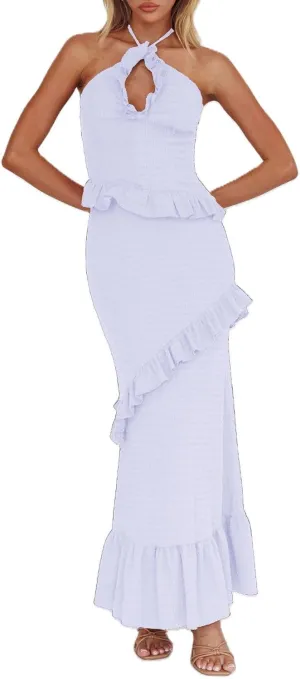 Women Ruffle Maxi Skirt Set Halter Ruched Crop Top Flowy Long Skirt Y2K 2 Piece Outfts Going Out