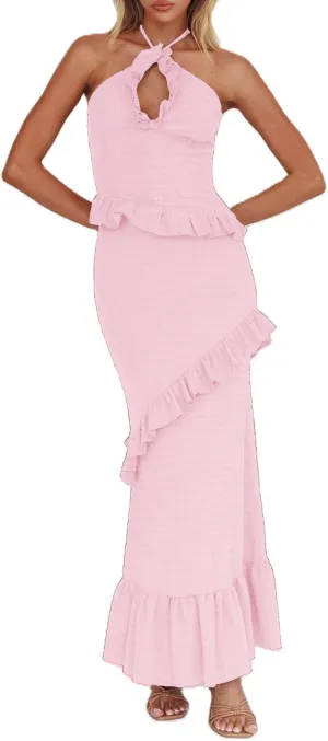 Women Ruffle Maxi Skirt Set Halter Ruched Crop Top Flowy Long Skirt Y2K 2 Piece Outfts Going Out