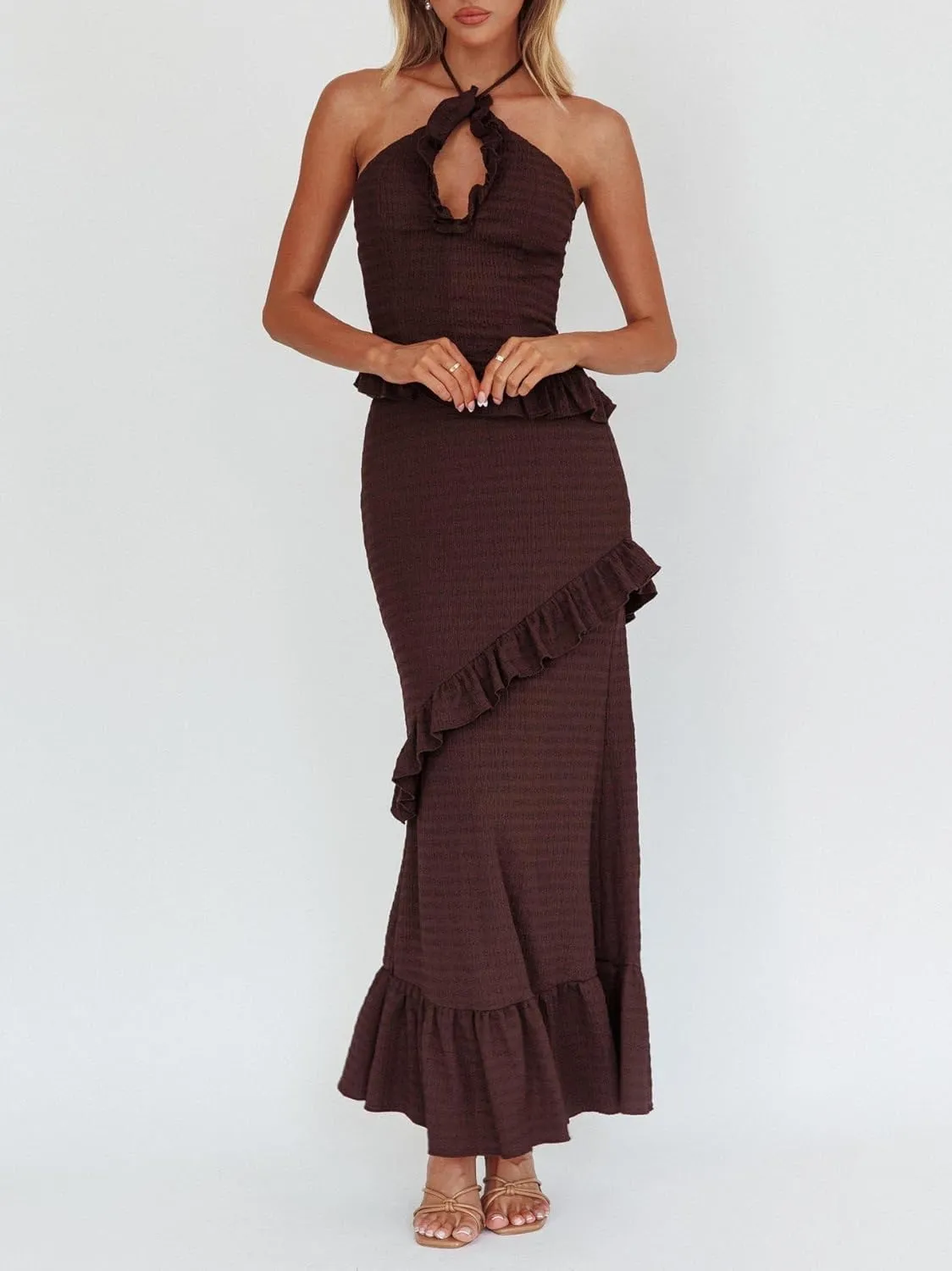 Women Ruffle Maxi Skirt Set Halter Ruched Crop Top Flowy Long Skirt Y2K 2 Piece Outfts Going Out