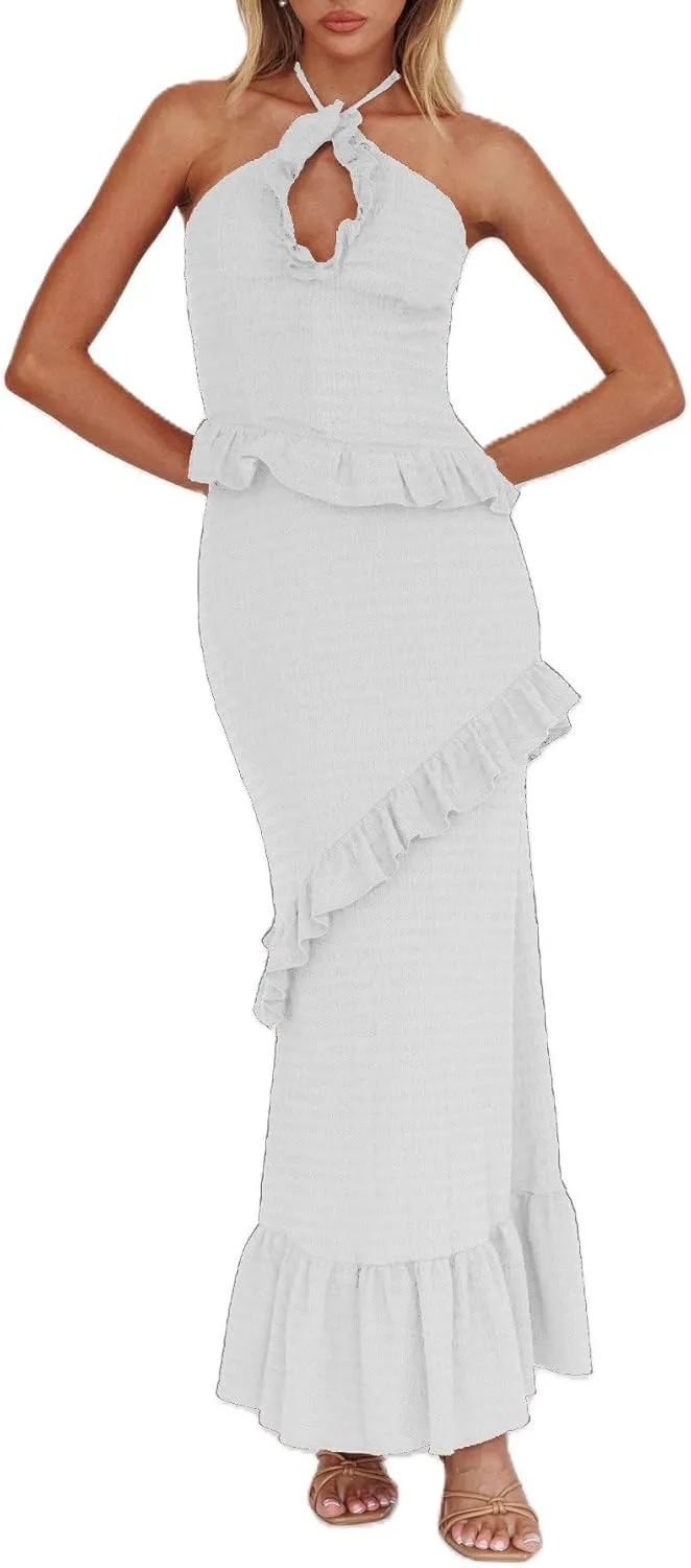 Women Ruffle Maxi Skirt Set Halter Ruched Crop Top Flowy Long Skirt Y2K 2 Piece Outfts Going Out