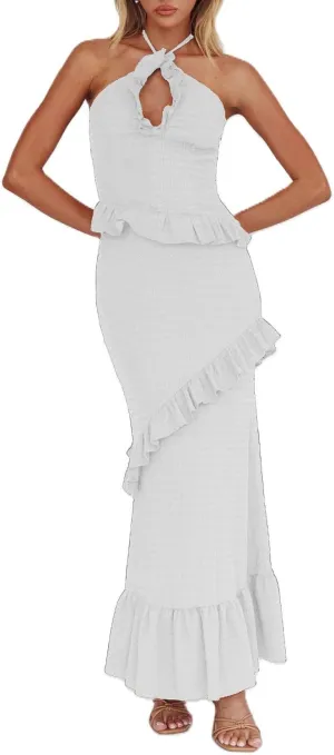 Women Ruffle Maxi Skirt Set Halter Ruched Crop Top Flowy Long Skirt Y2K 2 Piece Outfts Going Out