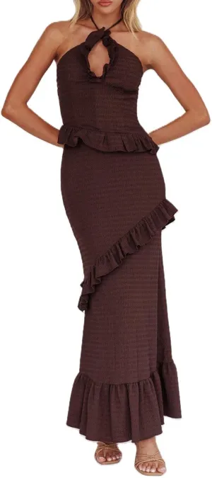 Women Ruffle Maxi Skirt Set Halter Ruched Crop Top Flowy Long Skirt Y2K 2 Piece Outfts Going Out