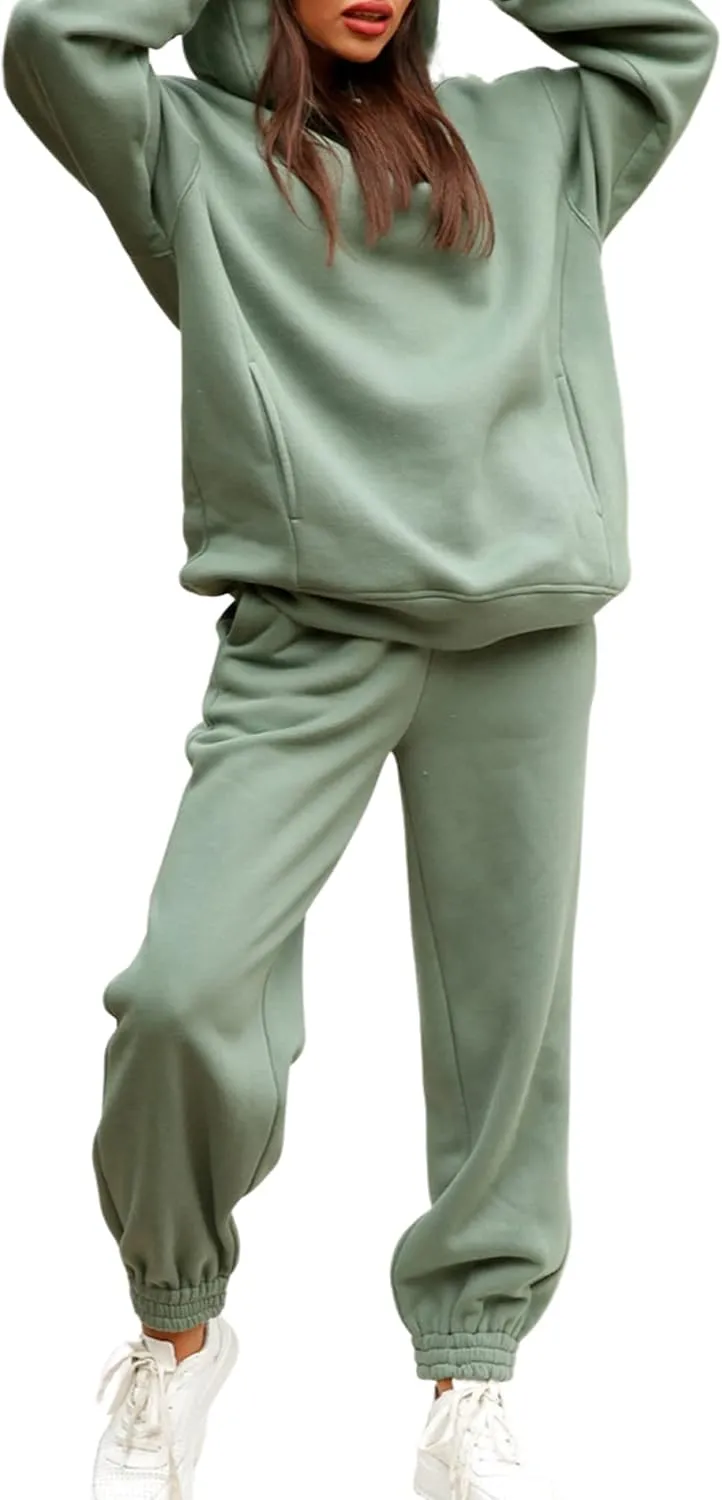 Women Solid Color 2 Piece Jogger Set Oversized Hoodie Sweatshirt and High Waist Sweatpants Set for Teen Girls