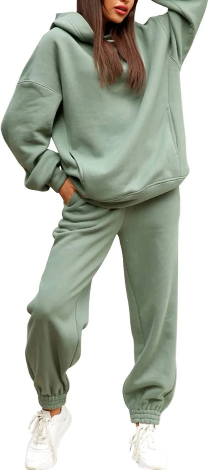 Women Solid Color 2 Piece Jogger Set Oversized Hoodie Sweatshirt and High Waist Sweatpants Set for Teen Girls