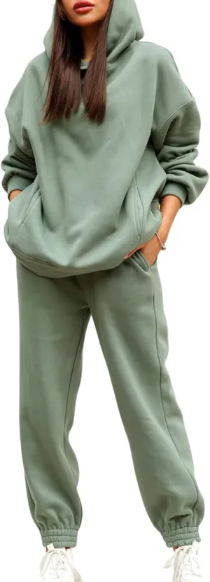 Women Solid Color 2 Piece Jogger Set Oversized Hoodie Sweatshirt and High Waist Sweatpants Set for Teen Girls