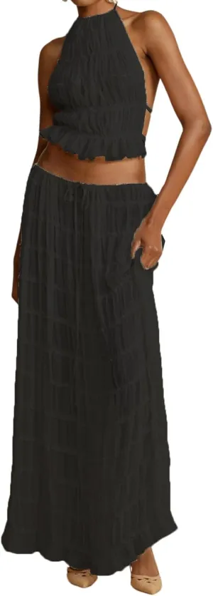 Women Two Piece Maxi Skirt Set Y2k Sleeveless Crop Cami Top Ruffle Tiered Flowy Long Skirt Vacation Beach Outfits