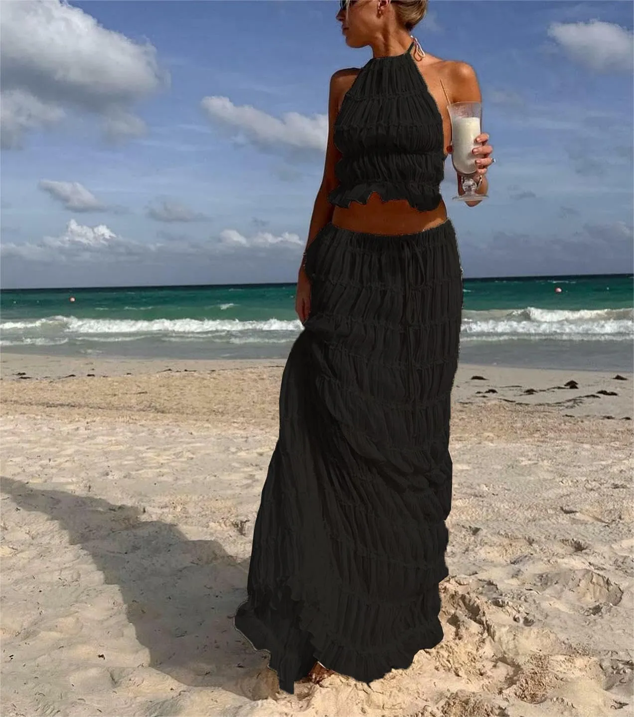 Women Two Piece Maxi Skirt Set Y2k Sleeveless Crop Cami Top Ruffle Tiered Flowy Long Skirt Vacation Beach Outfits