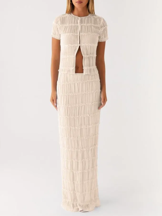 Women Y2k 2 Piece Maxi Skirt Set Ruched Short Sleeve Crop Top Flowy Ruffle Long Skirt Outfits Beachwear