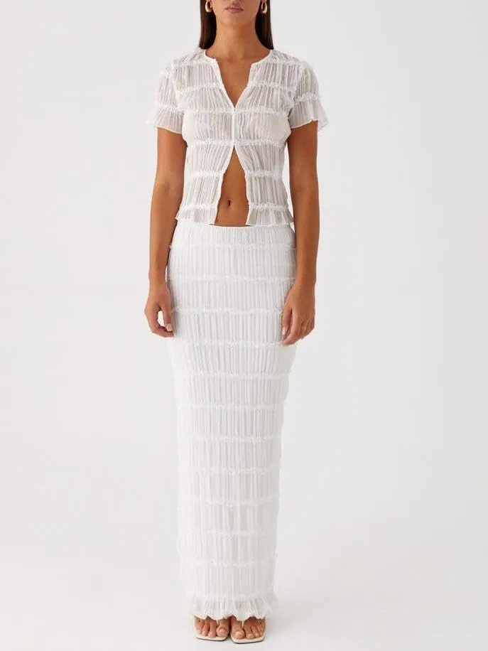 Women Y2k 2 Piece Maxi Skirt Set Ruched Short Sleeve Crop Top Flowy Ruffle Long Skirt Outfits Beachwear