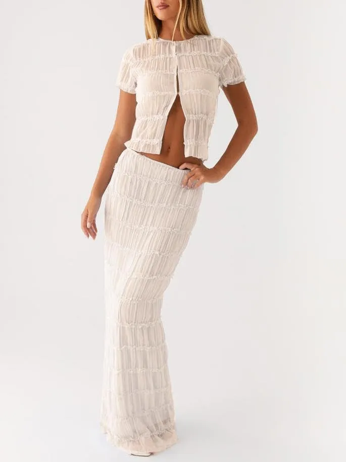 Women Y2k 2 Piece Maxi Skirt Set Ruched Short Sleeve Crop Top Flowy Ruffle Long Skirt Outfits Beachwear