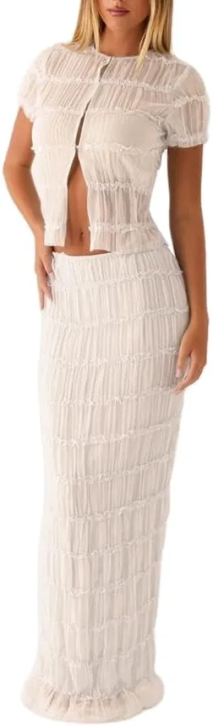 Women Y2k 2 Piece Maxi Skirt Set Ruched Short Sleeve Crop Top Flowy Ruffle Long Skirt Outfits Beachwear