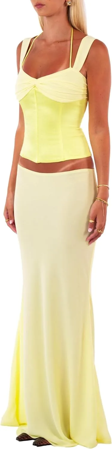 Women Y2k 2 Piece Skirt Sets Satin Backless Tank Top Bodycon Long Maxi Skirt Outfits Summer Going Out Streetwear