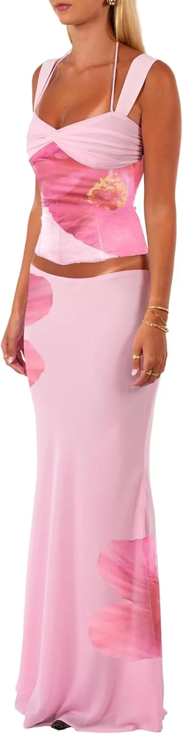 Women Y2k 2 Piece Skirt Sets Satin Backless Tank Top Bodycon Long Maxi Skirt Outfits Summer Going Out Streetwear
